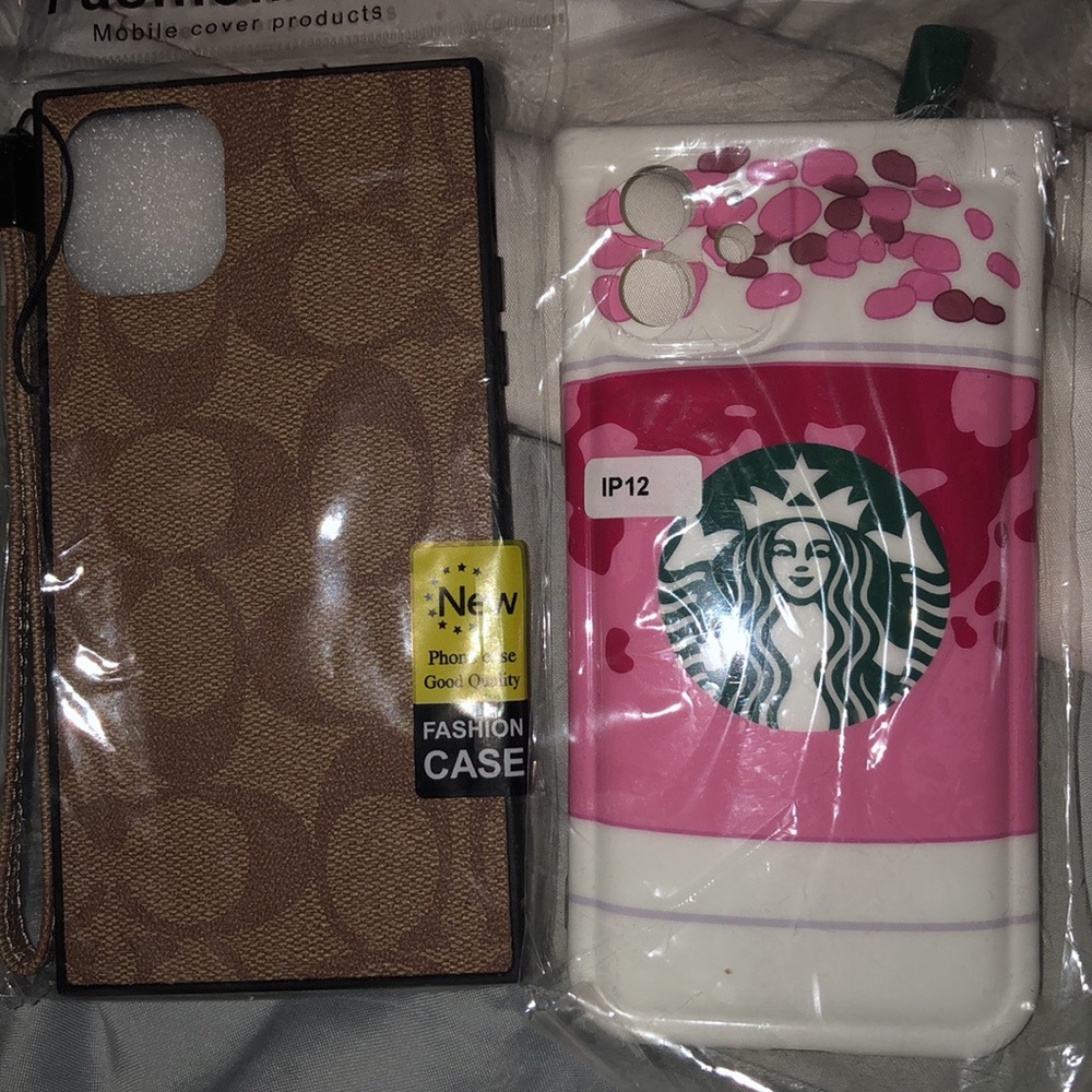 Two I phone cases the coach case is I phone 11 and Starbucks is I phone 12